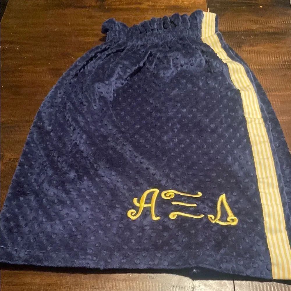 Navy Blue bathroom robe wrap with Yellow Embroidery Alpha Sigma Alpha Logo